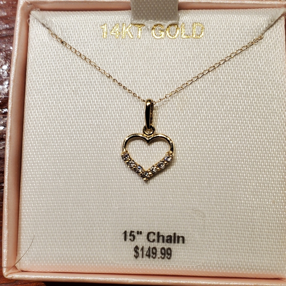 14k heart diamond necklace & 14k gold earrings
